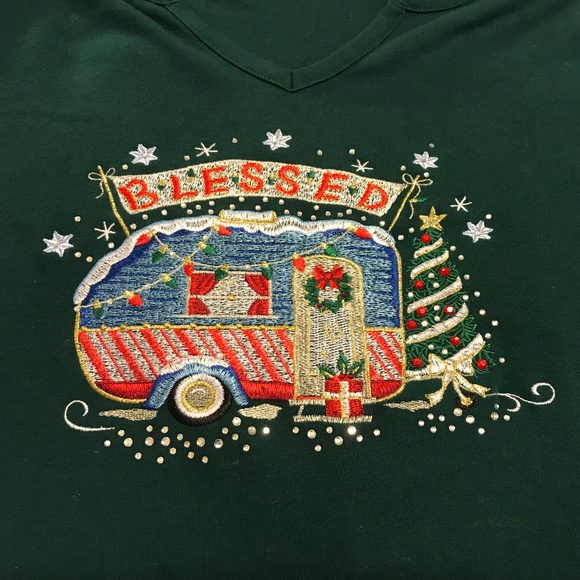 QF forest green 3/4 sleeve top with holiday camper — sparkly! (XL) - Picture 6 of 16